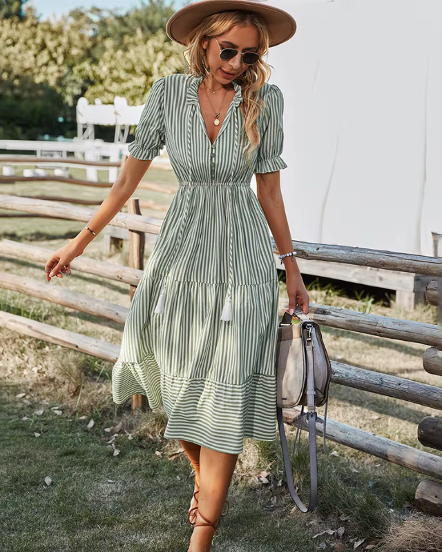 BELLE™ | Robe Midi Rayée à Franges