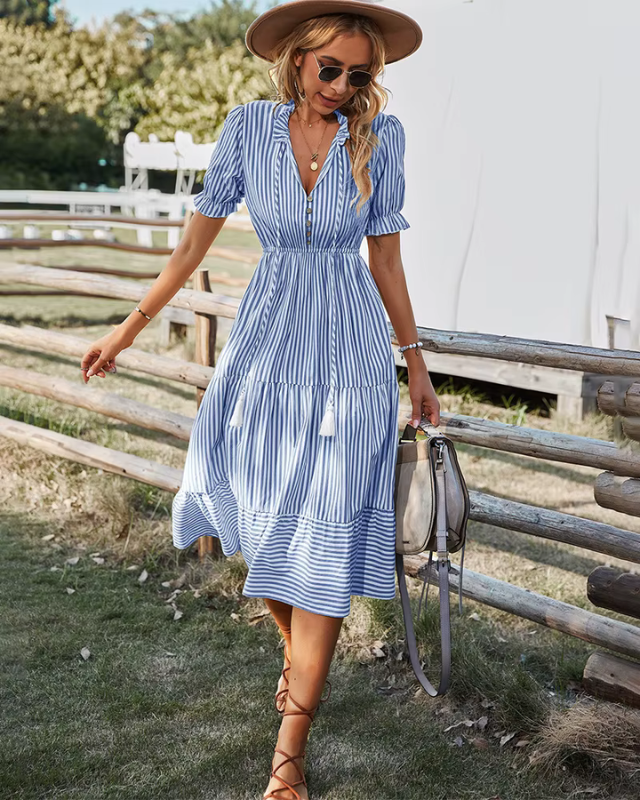 BELLE™ | Robe Midi Rayée à Franges